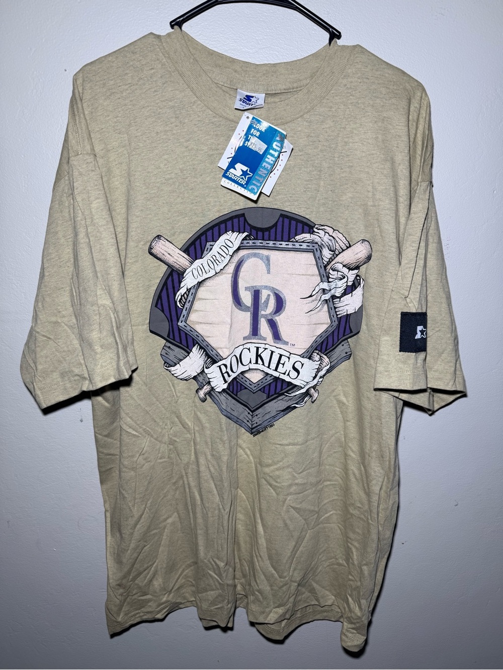 STARTER Beige Colorado Rockies Graphic Tee with Purple Logo